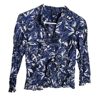 Y2K Nine West Jeans Top Tie Front Blouse Lightweight Abstract Blue White L Large